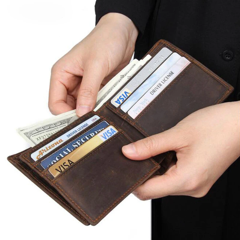 Luufan Real Cowhide Leather Purse Of Men Business Type Bifold Short Wallet Vintage Genuine Leather Credit Card Purse Man Male