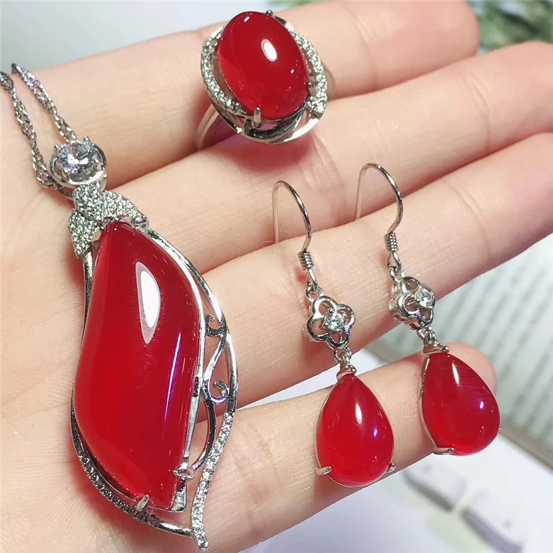 Jadery 925 пробы Серебряное ожерелье/серьги/кольцо натуральный красный нефрит ювелирные наборы для женщин вечерние ювелирные изделия подарки bijoux femme