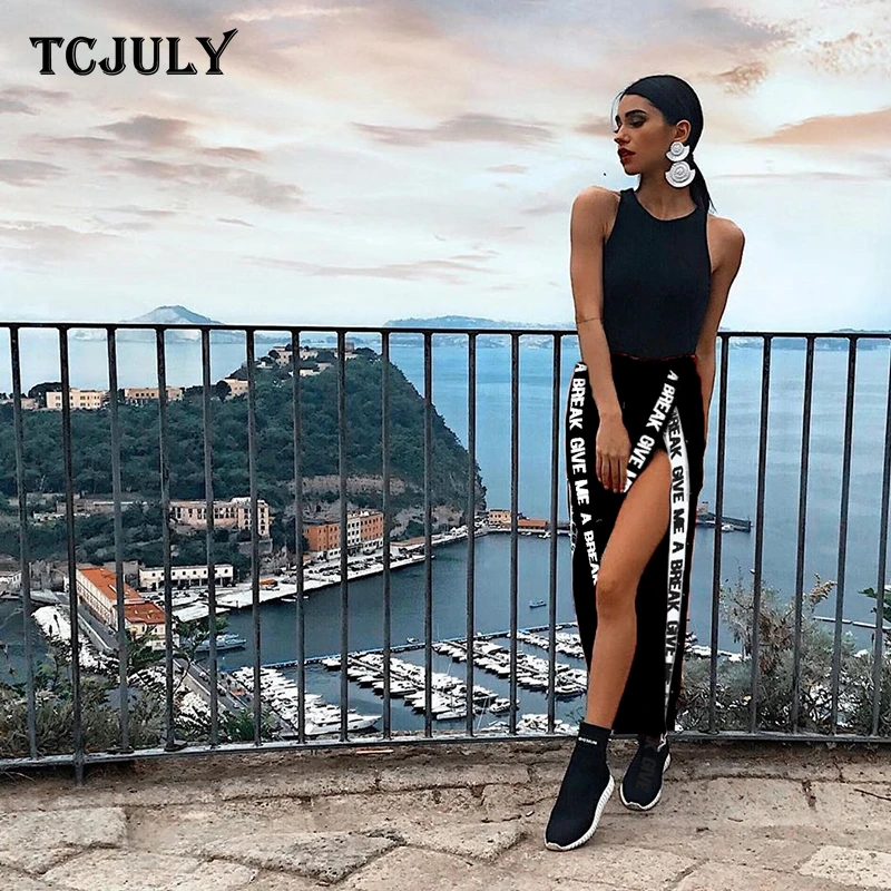 TCJULY Лидер продаж стильные женские штаны-шаровары с Боковым Разрезом и надписью, брюки с высокой талией, уличная одежда, штаны для бега в стиле хип-хоп