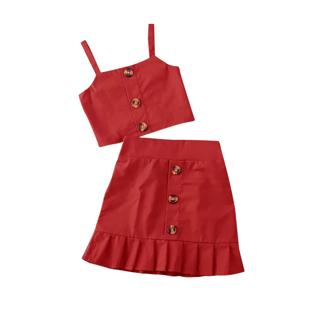 TELOTUNY New Toddler Baby Girls Suspender Pure Color Tank Tops Button Skirt Two Piece Suit Clothes Children Summer Set Outfits46