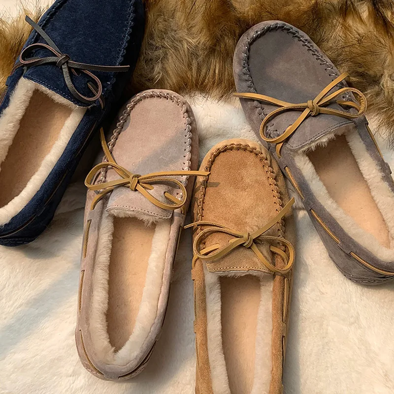 Donna-in/Новые слипоны; женская обувь на плоской подошве; коллекция года; Повседневная теплая зимняя обувь на натуральном меху; удобные кожаные мокасины с бантом-бабочкой для женщин