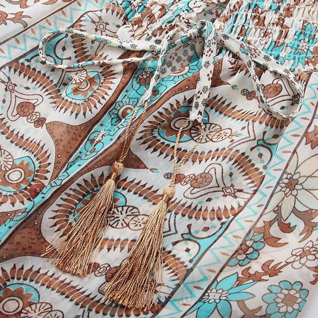Summer Dress Women Casual Floral Print Bohemian Printed Tight Waist V-Collar Chiffon Long Maxi Dress Summer Beach vestidos