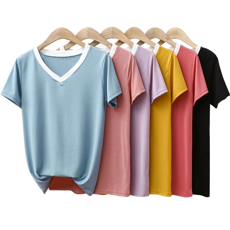 

Summer Hit Color Ribbed T Shirt Women's V Neck Casual Basic Fashion Short Sleeved Top Loose Clothing Blusa De Frio Feminina