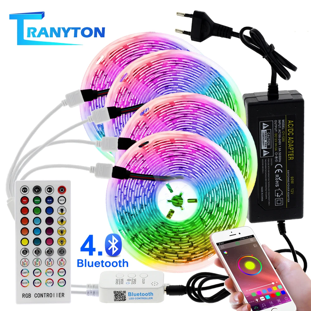 Светодиодная лента 5050 с Bluetooth гибкая RGB SMD 2835 5 м 10 15 20 адаптером