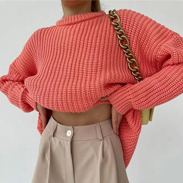 Women Solid Knitted Thickening Oversized Sweater Female Round Neck Long Sleeve Casual Loose Pullovers Top 2021 Autumn Winter Pink