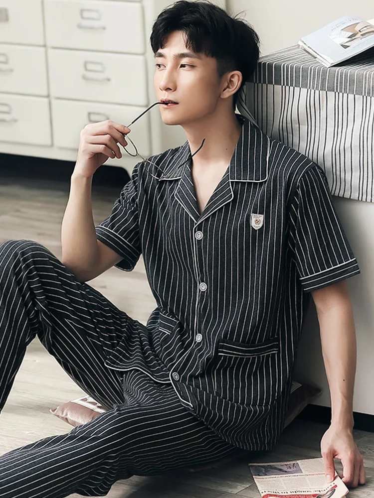 Summer 100% Cotton Pajamas Set Men Striped Short Sleeves Sleepwear Homewear Plus Size Pijama Hombre PJs Cotton Pyjama Homme