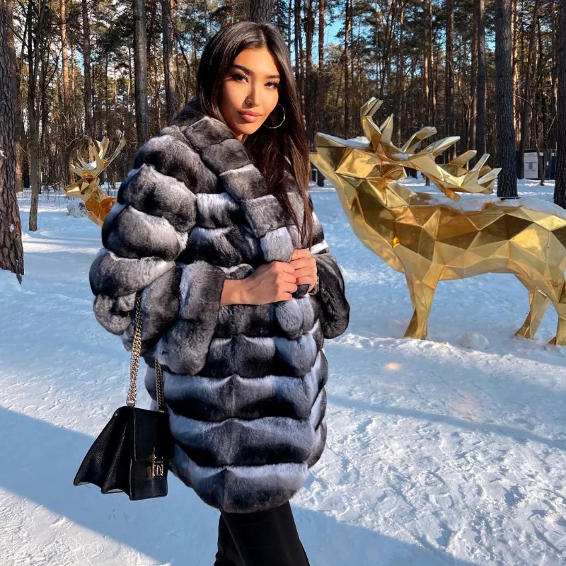 FURSARCAR 2021 High Quality Real Rex Rabbit Fur Fashion Natural Fur Medium Imitate Chinchilla Fur Coat Thick Warm Winter Clothes