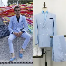 Мужские летние костюмы на присоске для отдыха, пляжные двубортные костюмы для жениха на свадьбу