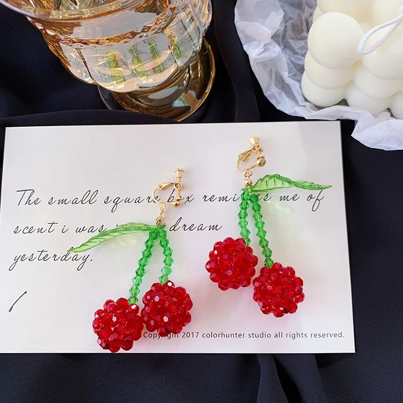 Korean Green Leaf Big Red Crystal Cherry Clip Earrings Without Piercing Handmade Cute Red Beaded Cherry Clip Earrings No Hole