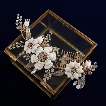 

European Gold Brides Hair Combs Leaves Flower Sticks Rhinestone Wedding Hair Accessories