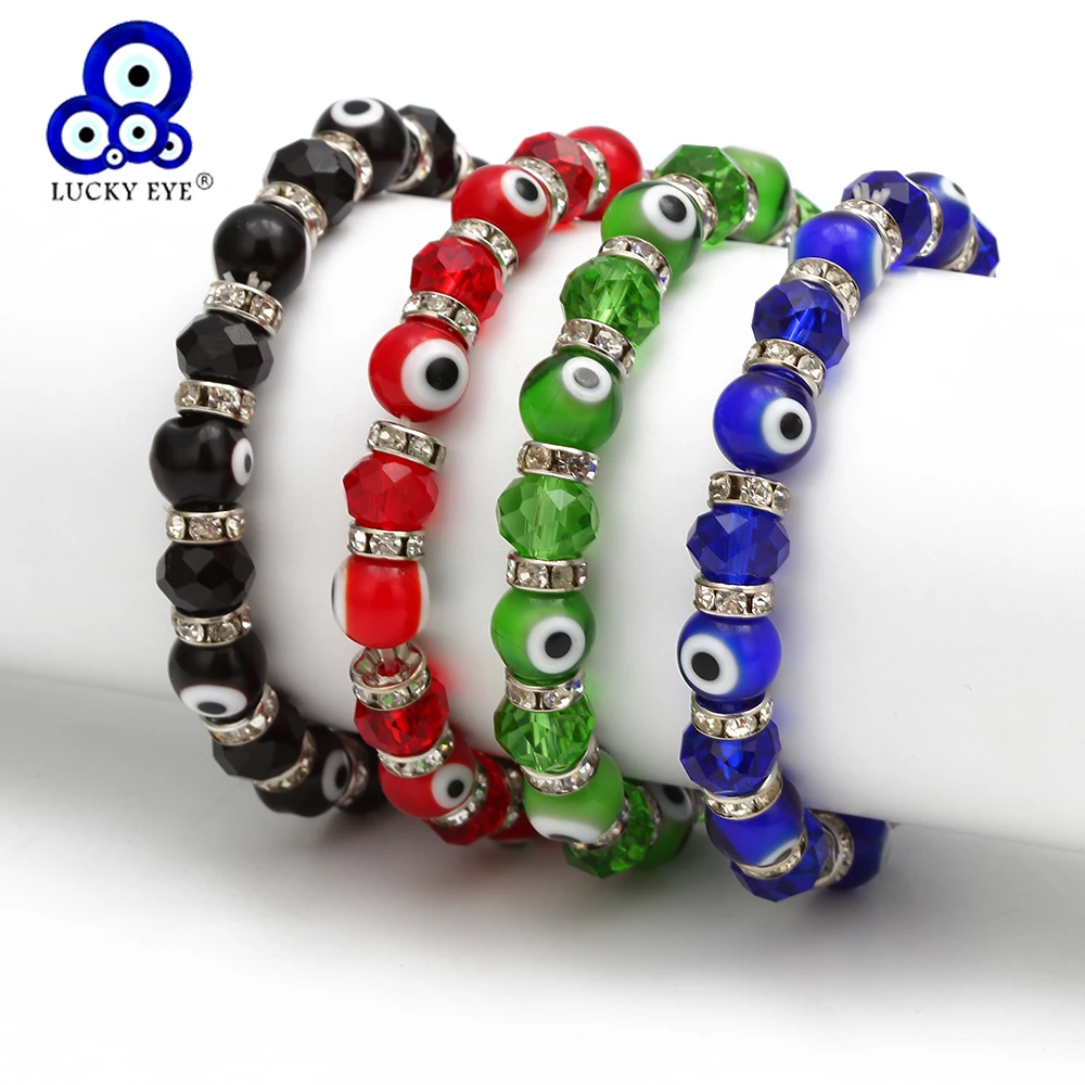 Женский и мужской браслет Lucky Eye Glasss синий с бусинами цепочкой черного красного