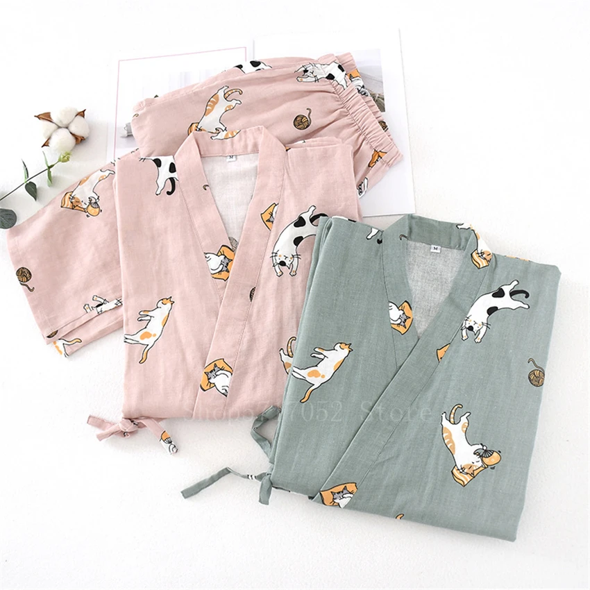 Japanese Kimono 2PCS Lover Clothing Set Kawaii Cat Printed Kimono Yukata Steaming Wear Pajamas Man Woman Bathrobe Nightgown