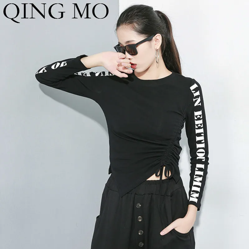 QING MO, женская черная футболка с буквенным принтом, Женская облегающая плиссированная футболка с длинным рукавом, короткая футболка,, осенняя ZQY1403