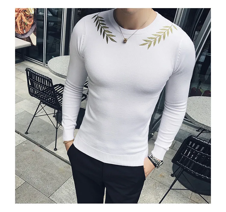 Embroidery Male Sweaters For Men Camisolas Homens Black White Grey Brown Stylish Slim Fit Elegant Sweater Hombre Kazak Erkek