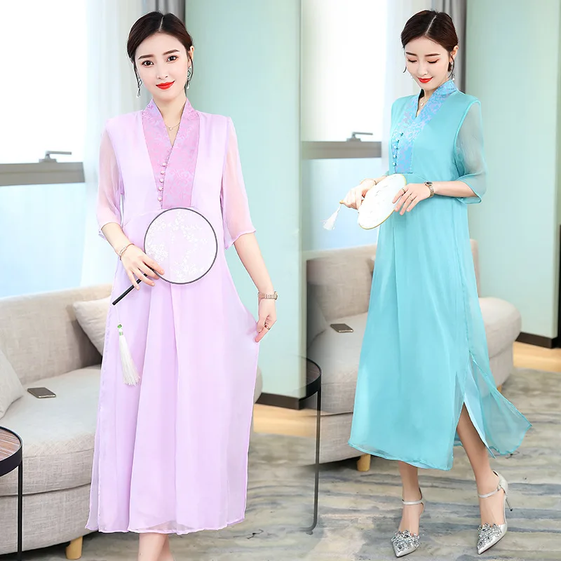 

Photo Shoot 1615 Summer New Style Chinese-style Nation Vintage Tea Service Women's Zen Literature And Art Real Silk Lavender Dre