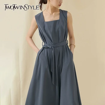 

TWOTWINSTYLE Casual Loose Women Dress Square Collae Sleeveless Spaghetti Strap High Waist Ruched Midi Dresses For Female Fashion