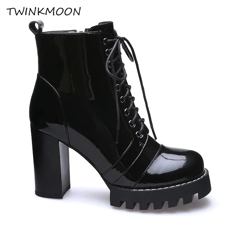 

Platform Ankle Boots For Women Black Patent Leather Block High Heels Booties Zip Round Toe Warm Women's Winter Boots