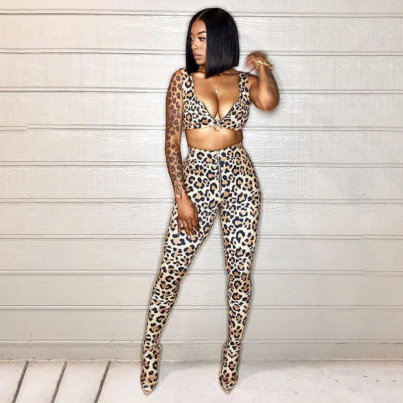 

FQLWL Leopard Print Two Piece Set Women Suit Club Outfits Zipper Backless Sexy Crop Top and Pants Female Ladies Matching Sets