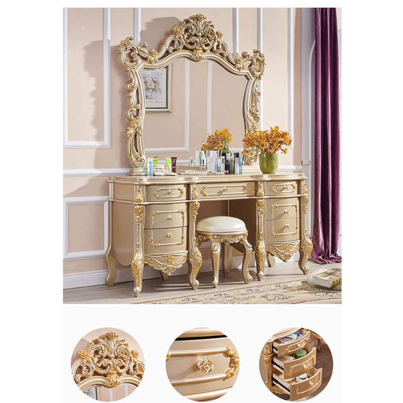 Зеркало Золотой белый деревянный туалетный столик для макияжа комод 7 ящиков+ стул и кровать набор