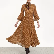 Женское Новое винтажное Модное Элегантное плиссированное платье средней длины с круглым вырезом и пышными рукавами в горошек с поясом