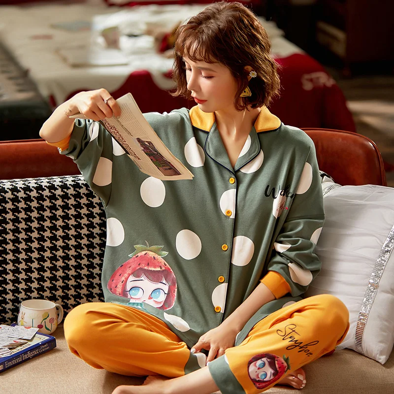 

Women Sleepwear Cotton Version Pajamas Plus Size 3XL Spring Fall Pyjamas Cartoon Nightgown Long Sleeve Lapel Loose THIN Nighty