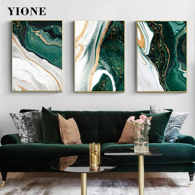 Poster Living Room Green Gold  Abstract Marble Poster Green - Abstract  White Canvas - Aliexpress