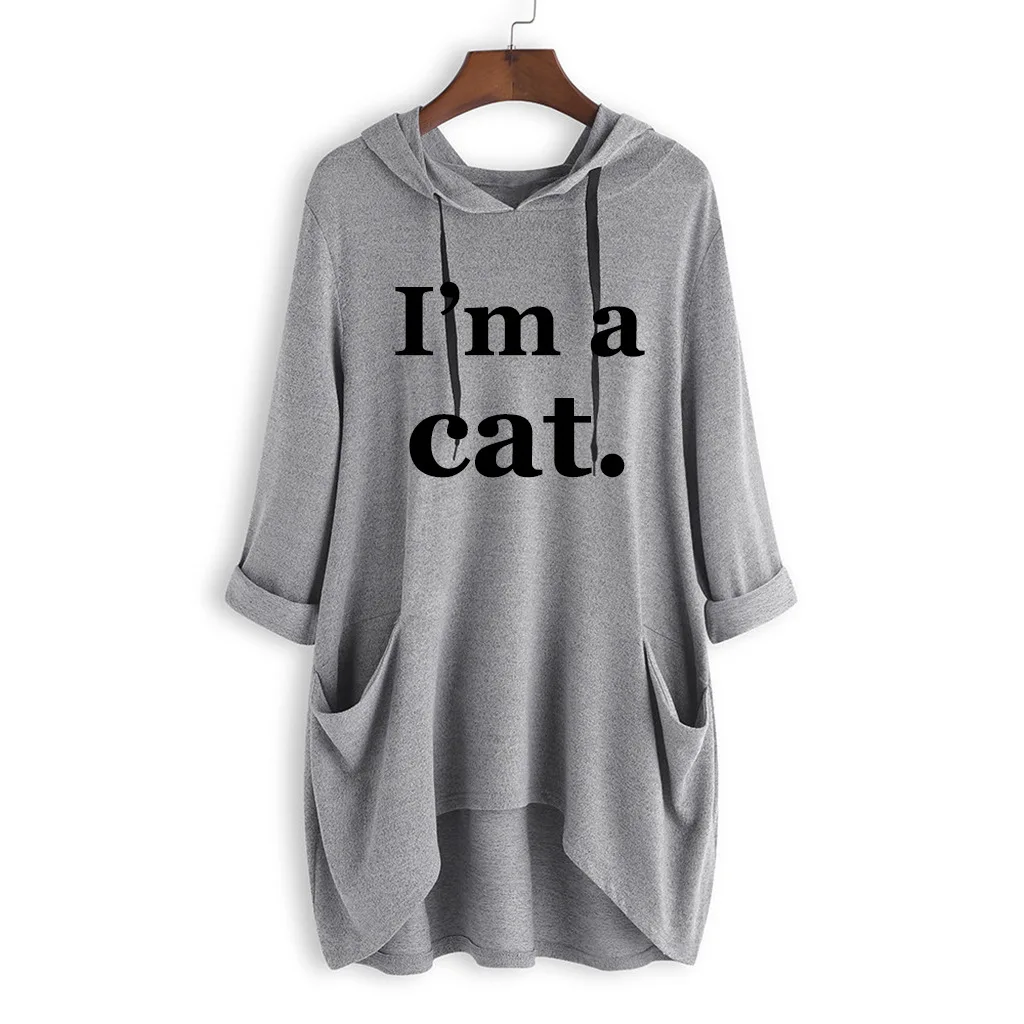 

Plus Size Hoodies Women Letter Print Pocket Oversized Sweatshirt Loose Casual Kawaii Pullover Cat Sweatshirt Thin Tops 5XL