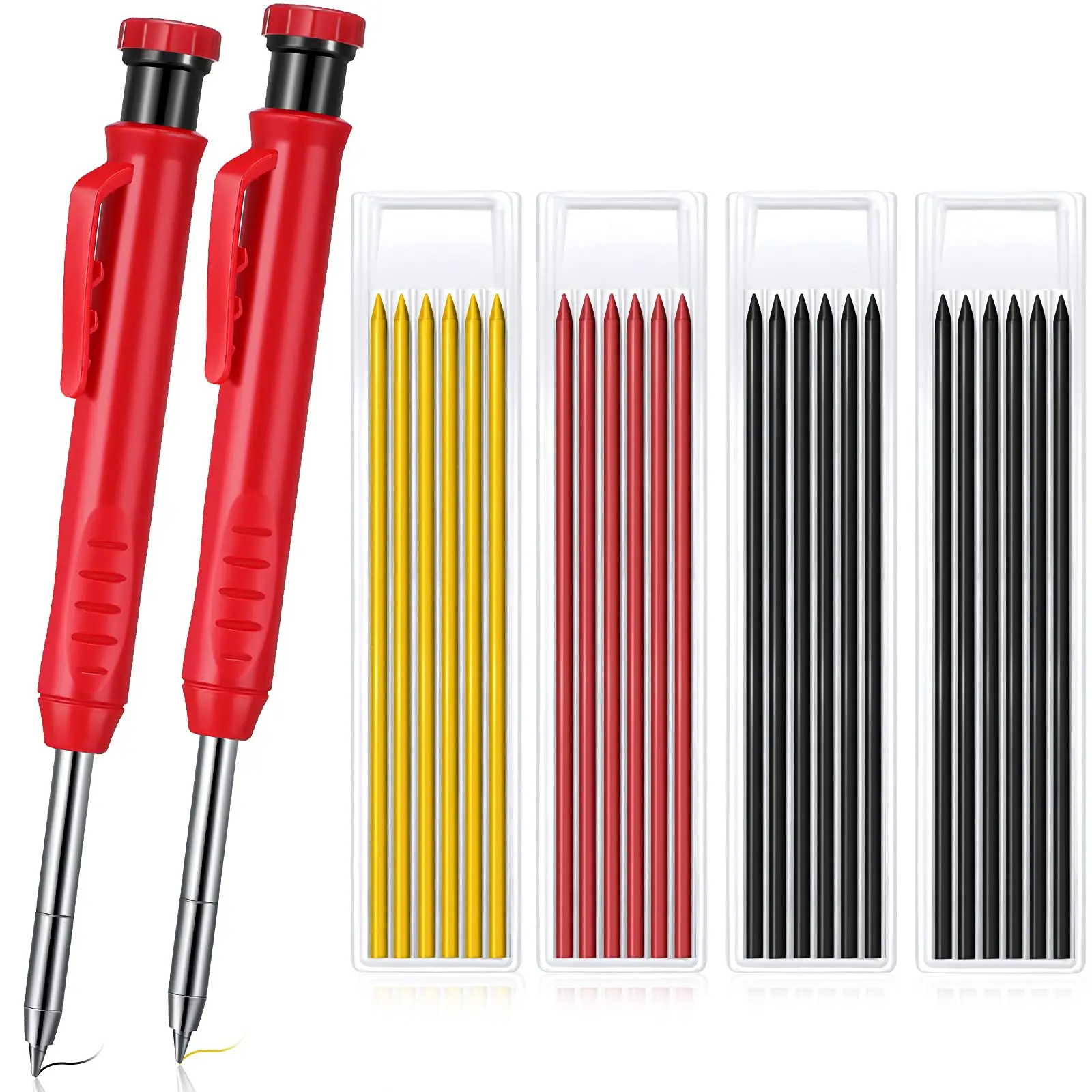 Solid Carpenter Pencil Built-in Sharpener Deep Hole Mechanical Pencil Marker Marking Tool 6 Refill Leads Woodworking Tools Set A