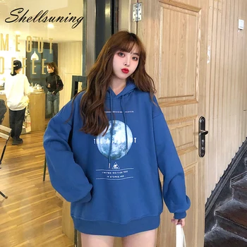

Shellsuning M-XXL Female Hoodies Sweatshirt Women Pullover Harajuku Print Winter Warm Hooded Outerwear Thick Jumper Casual Top