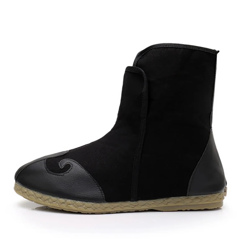 Unisex Black Swordsman Boots, Retro High Top, Kungfu Cosplay Shoes, PU Leather, Canvas Winter Boots, Zipper Shoes, Feet Warmer