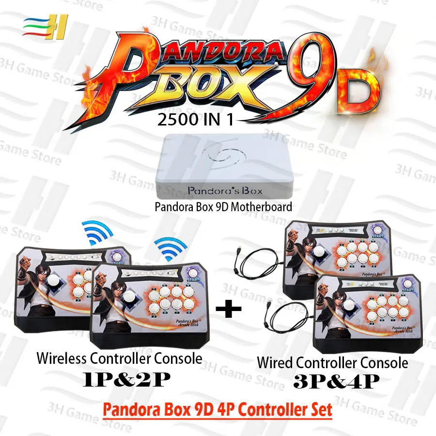Pandora Box 9D 4 игрока контроллер Набор беспроводной 1P& 2P и проводной 3P& 4 P бой аркадная палка консоль 2500 В 1 есть 3d игры tekken