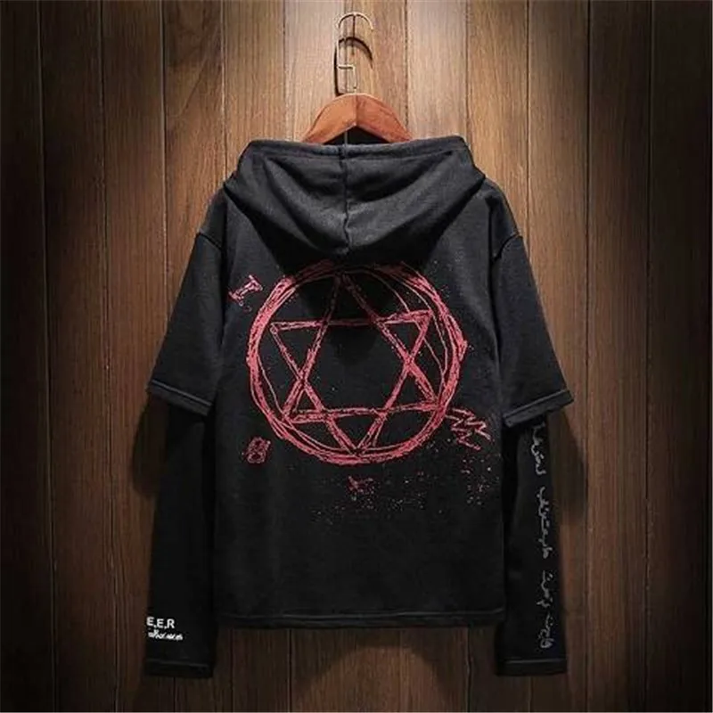 

T-Shirt Mens 2019 Autumn Hip-Hop Tops Tee Fake Two Pieces Long Sleeve Men Tshirt Streetwear Fashion Hooded Punk T Shirt Males