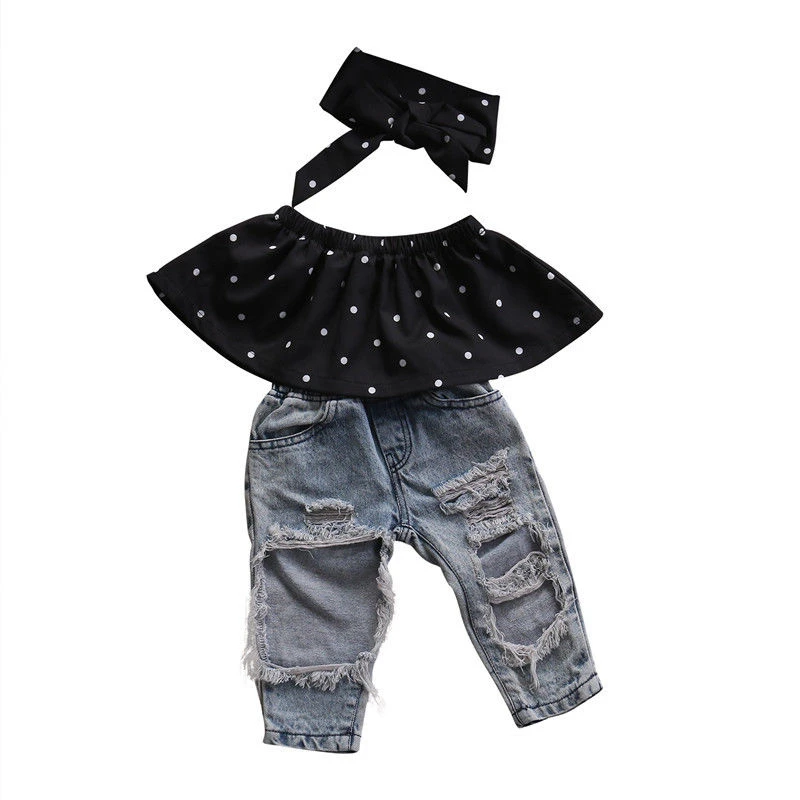 Baby Girl Summer Clothes Set Dot Sleeveless Top Vest Hole Jeans Pants Bow Headband Outfits 3pcs