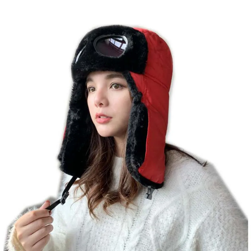 glasses red Doitbest, защищающая от тумана, Дымчатая зимняя меховая мужская шапка-бомбер, ветрозащитная, толстая, теплая, зимняя, женская шапка, маска для лица, Русская Шапка-ушанка, шапка-ушанка - Цвет: glasses red