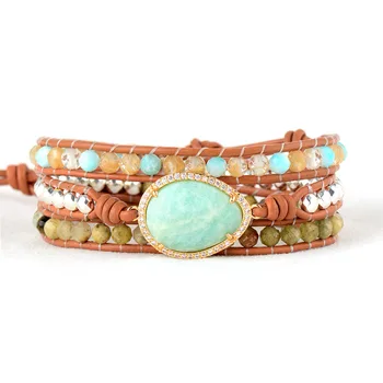 

Gems Stone Bracelet Femme Natural Stones Amazonite 3X Leather Wrap Bracelet Wholesale Women Creative Gifts