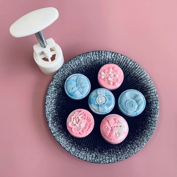 

50g Mooncake Mold with 6 Stamps Cookie Cutter Hand Press Green Bean Cake Pastry Mould DIY Bakeware Mid-autumn Festival