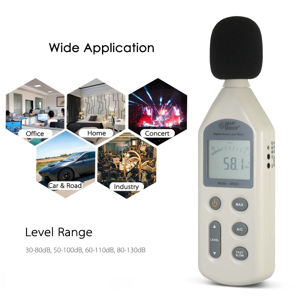 

SMART SENSOR High Accuracy LCD Digital Sound Level Meter Noise Measuring Instrument Decibel Monitoring Tester 30-130dBA