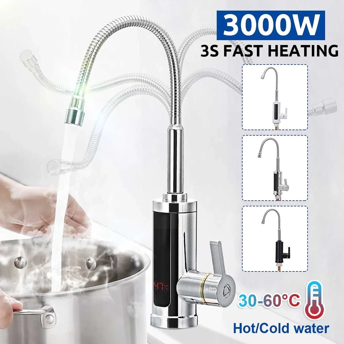 Electric Flow Water Heater Stainless Steel Faucet Bathroom Kitchen Heating Tap With LED Display |