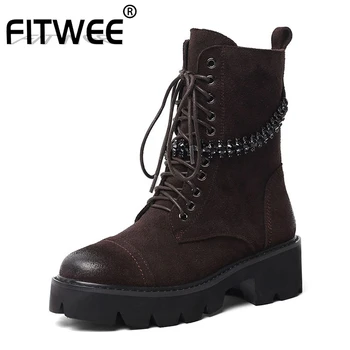 

FITWEE 2020 New Arrival Women Ankle Boots Fashion Lace Up Winter Shoes Women Platform High Heel Warm Fur Footwear Size 34-39