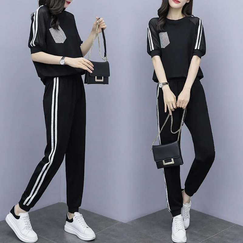 

2019 Large Size Dress Summer Fat Mm Gauze Joint Short-sleeved Top And Casual Pants Sports Set Fashion Two-Piece Set