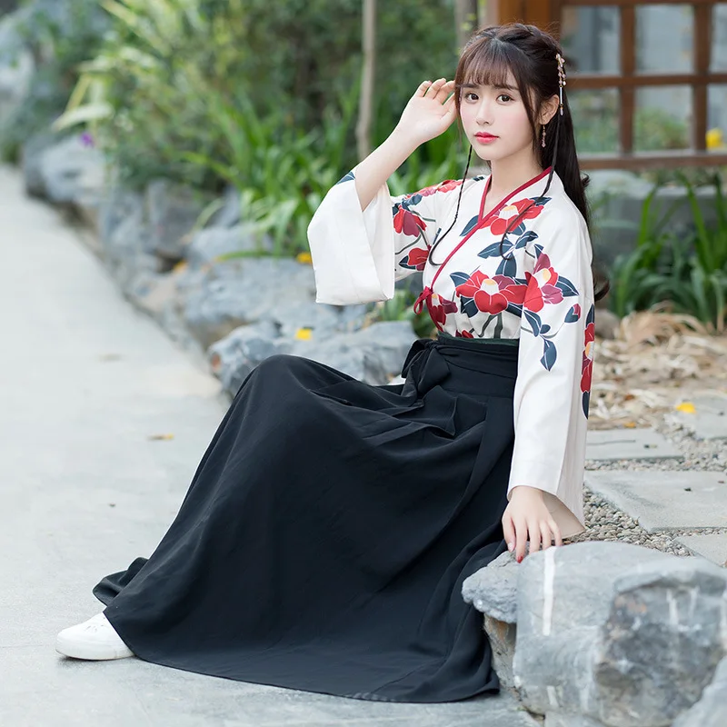 Китайский традиционный Женский цветочный принт Hanfu белый Улучшенный Han элемент