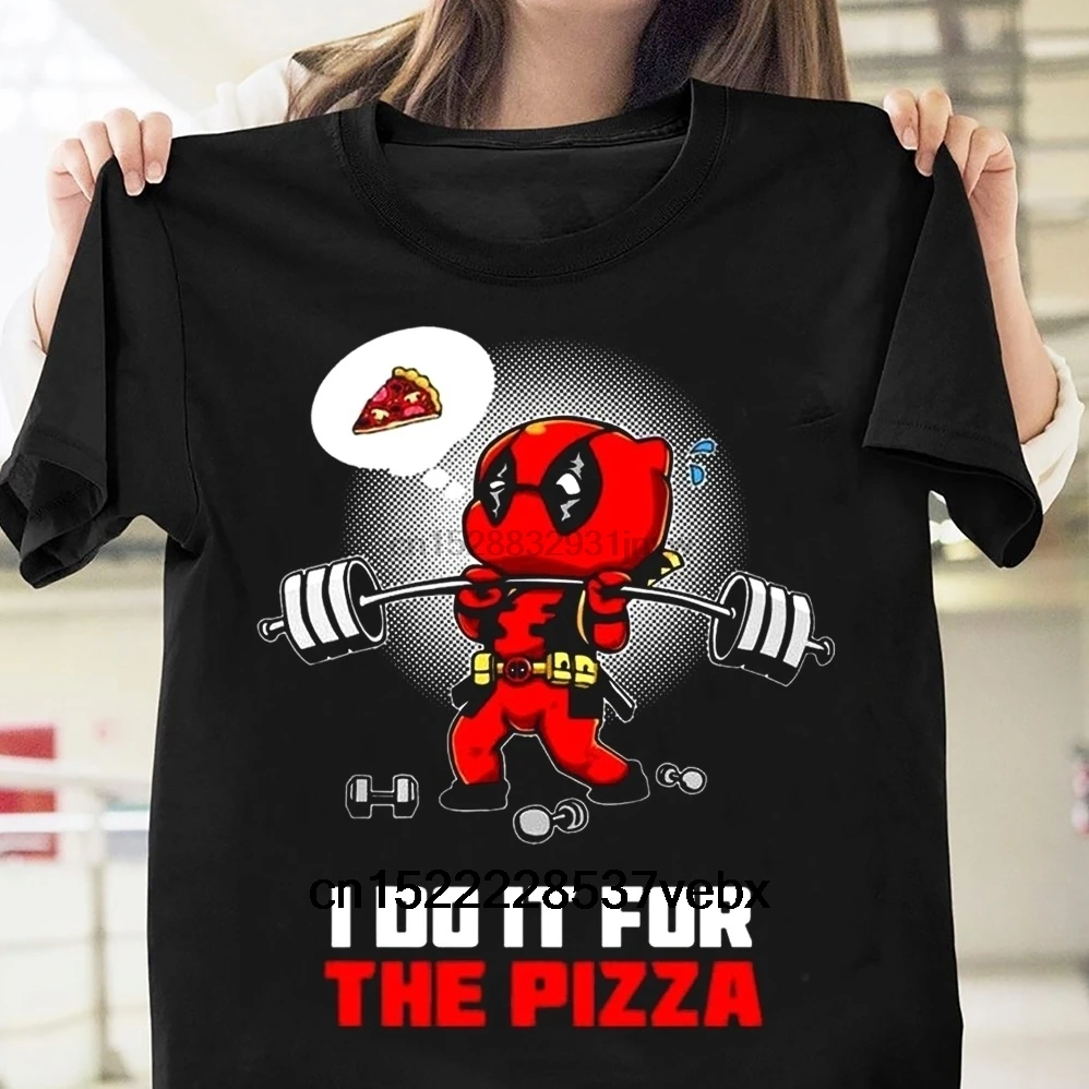 Fashion Deadpool Weightlifting Pizza Gym T-shirt Mens Black Cotton T Graphic Tee Casual Tops |