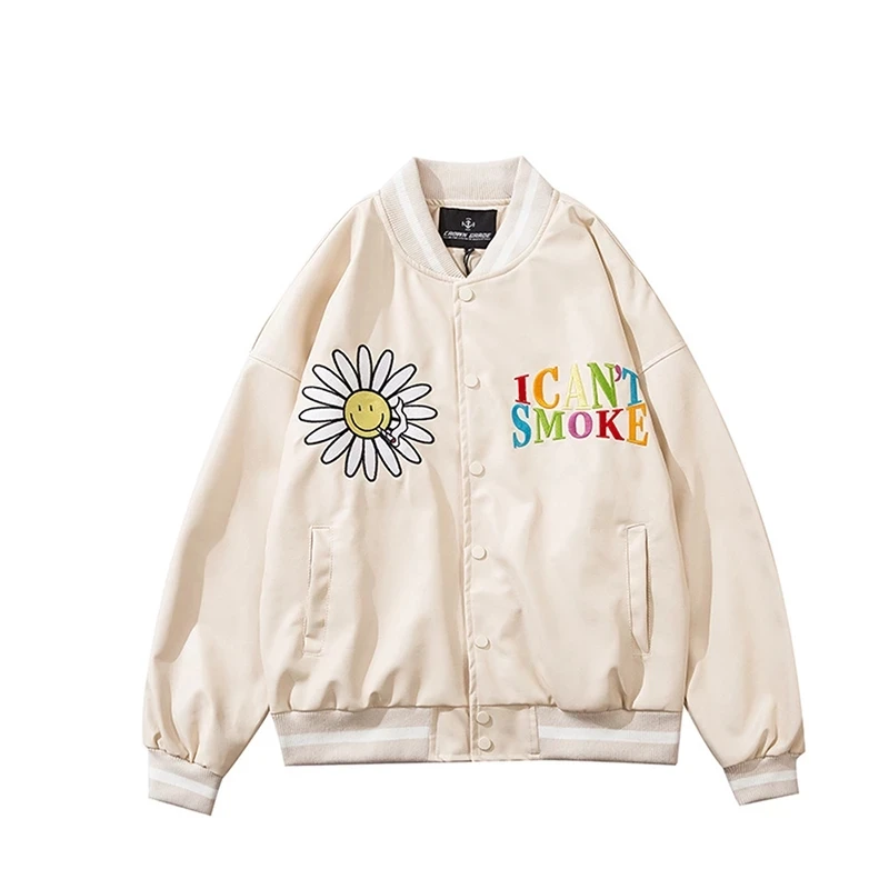 

Baseball Uniform Jacket Men Daisy Letter Embroidery PU Leather Bomber Jacket Spring Autumn Oversize Couple Korean Motorcycle Top