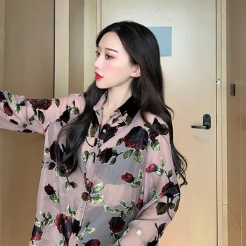 

rose flower women shirts romantic 3D flower tops femme full sleeve transparent shirts lady rose tops