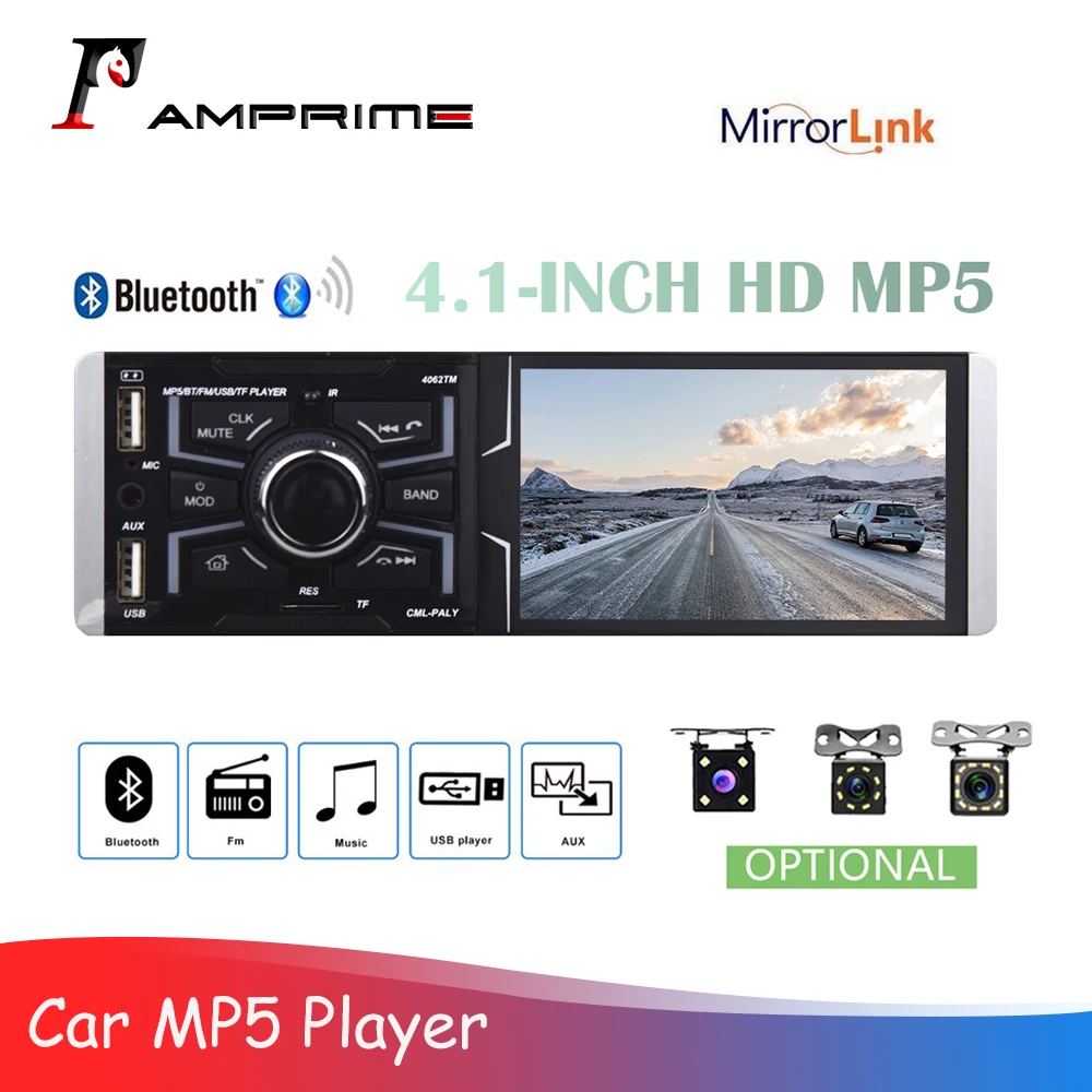 

AMPrime 1 Din Car Autioradio Radio 4.1" Touch Screen Car Multimedia Player FM/TF/AUX/USB Bluetooth Car Stereo With Rear Camera