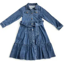 На возраст от 4 до 16 лет детей и подростков; джинсы для девочек с поясом длинные рукава Расклешенная, миди платье Детская одежда для девочек; сезон осень-зима; Модный платья