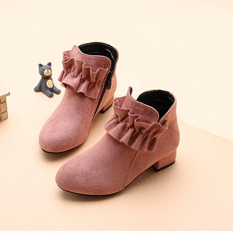 Детская обувь для девочек; сезон осень-зима; плюшевые теплые ботинки для девушек; цвет черный, красный, розовый; обувь принцессы на высоком каблуке; замшевые детские ботинки с оборками; CSH890 - Цвет: Pink Winter
