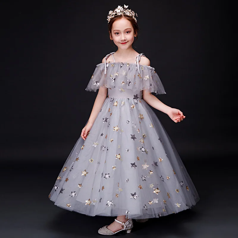 

2020 New Style Gray Puffy Yarn Princess Dress CHILDREN'S DAY Children Performance Piano Costume Girls Birthday Evening Gown