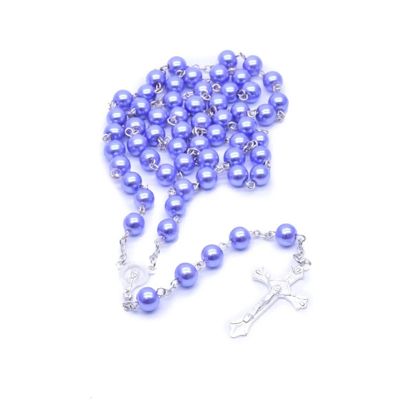 

8mm Glass Imitation Pearl Bead Holy Rosaries Necklace With Rose Flower Silver Cross Lourdes Center Rosary Necklace For Girl Lady