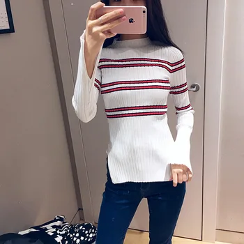 

Women Sweater 2019 Spring and Summer Stitching Striped Slim Slit Sweater
